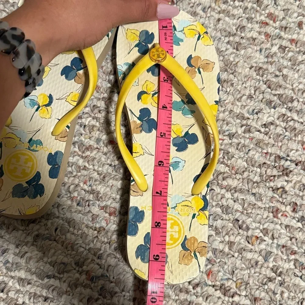 Tory Burch Floral Flip Flops Yellow Floral Slim Strap- Size 8